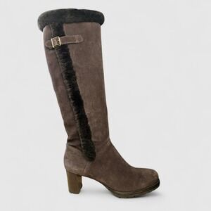 Ralph Lauren Knee High Boots 9 Wide Brown Leather Suede 3" Lug Sole Fur Trim Zip